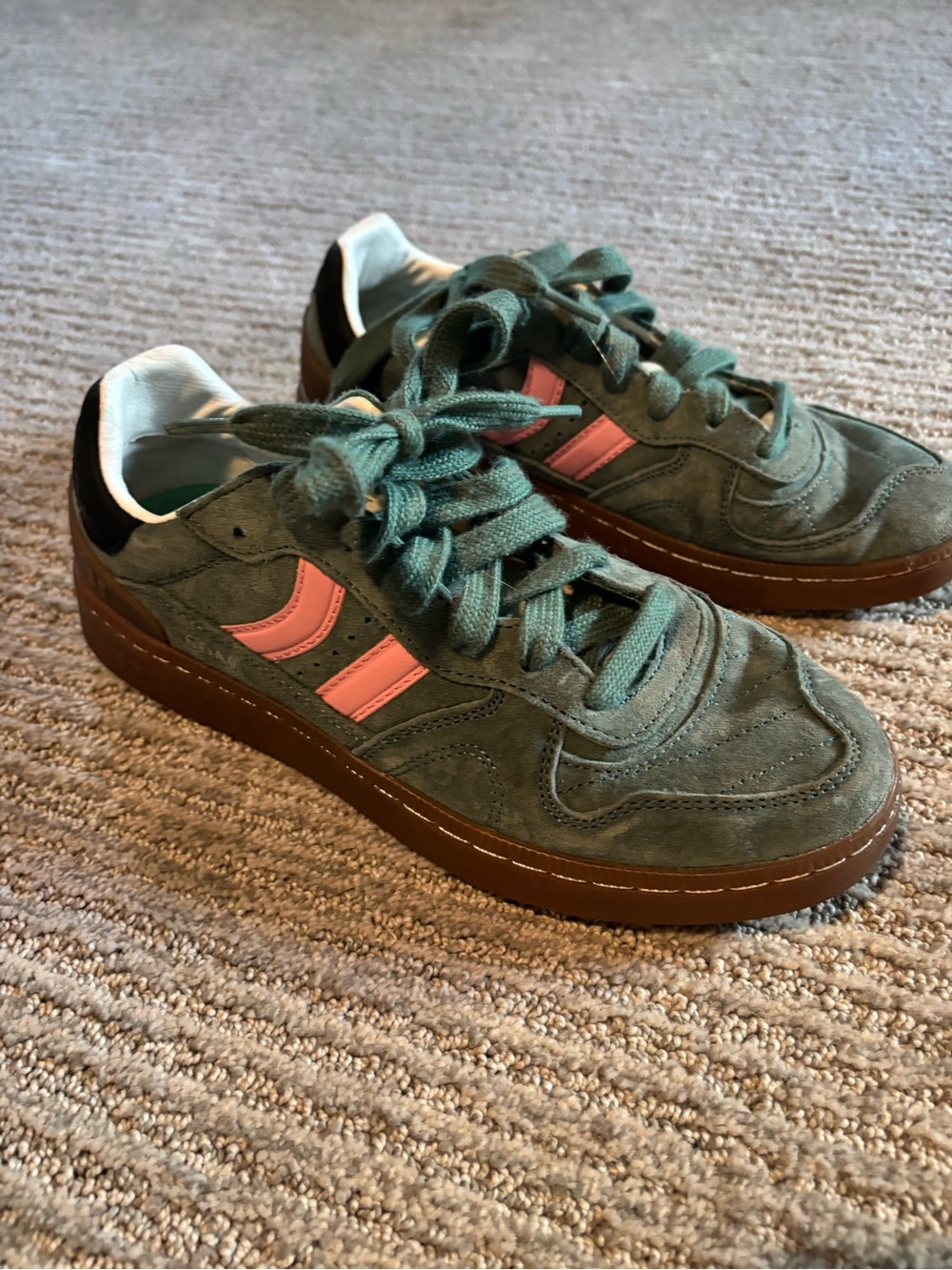 Women’s Green Suede Sneakers with Pink Accent